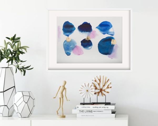Deep indigo blue with gold leaf  original wall art watercolor painting, beautiful abstract decor painting