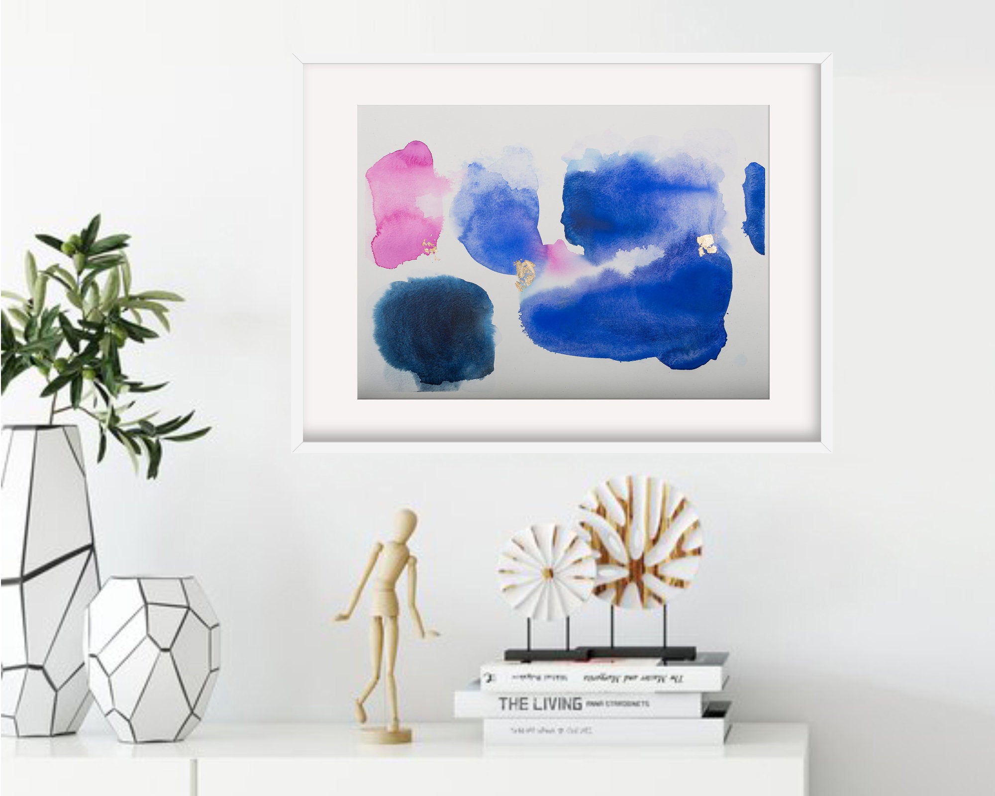Blue and Pink abstract watercolor original painting, Gold minimalist wall art, A3