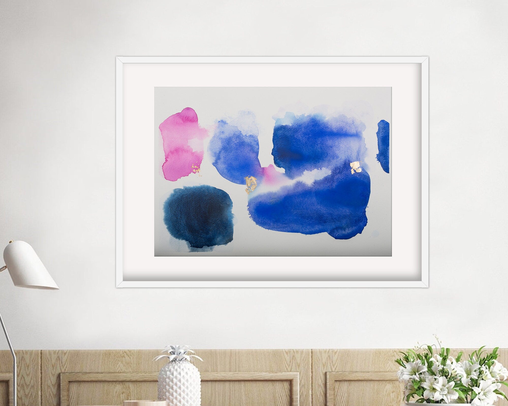 Blue and Pink abstract watercolor original painting, Gold minimalist wall art, A3
