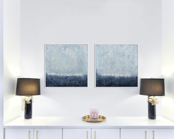 Dark Blue and grey gallery abstract wall art two piece set, textured painting Rothko inspired paintings