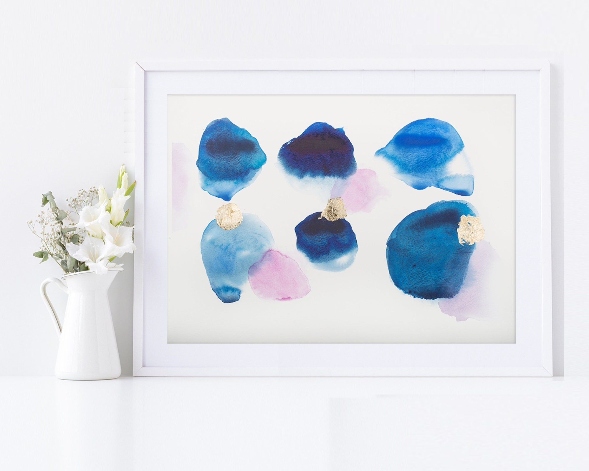 Deep indigo blue with gold leaf  original wall art watercolor painting, beautiful abstract decor painting