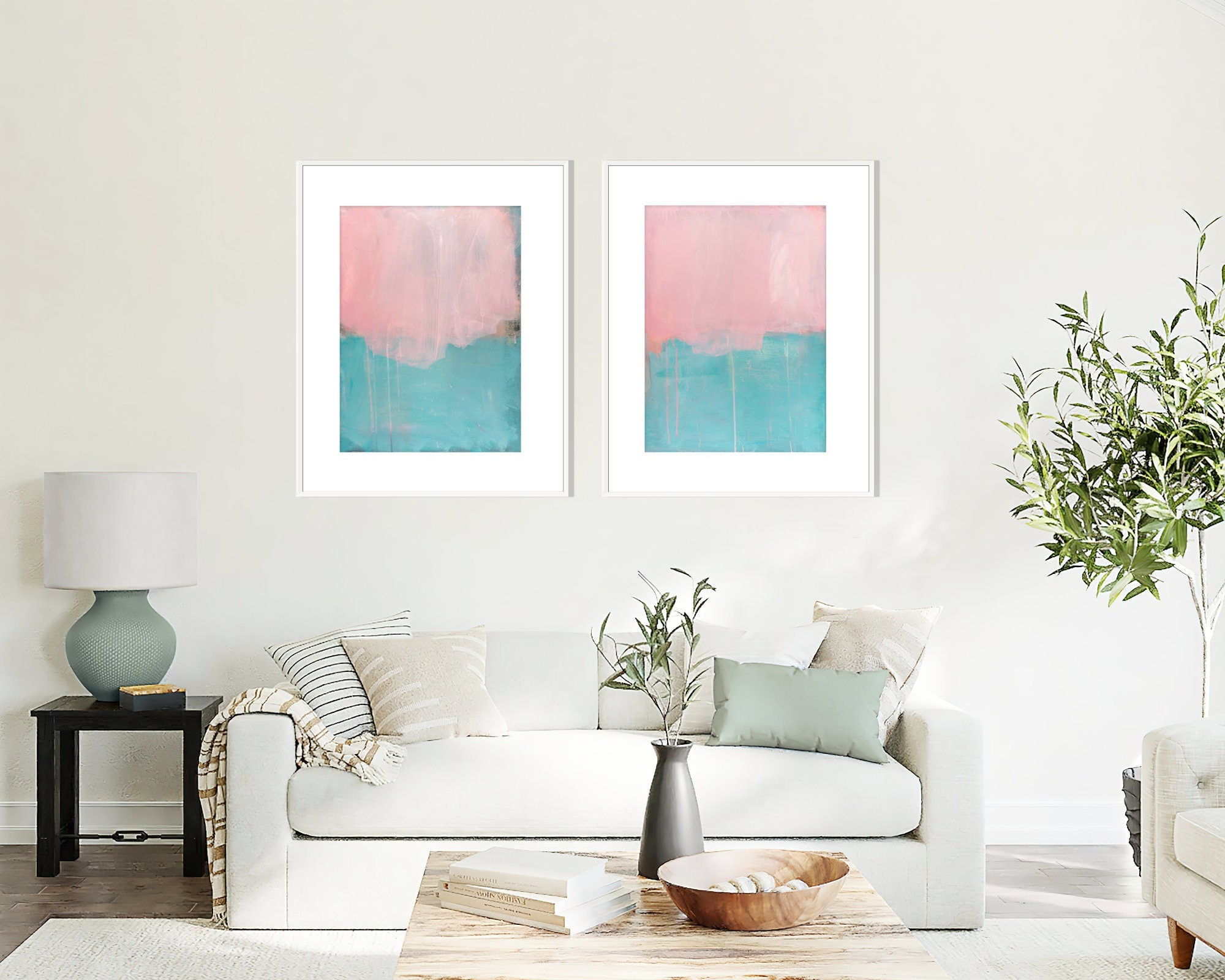 Pink print set canvas wall art - Teal abstract art set