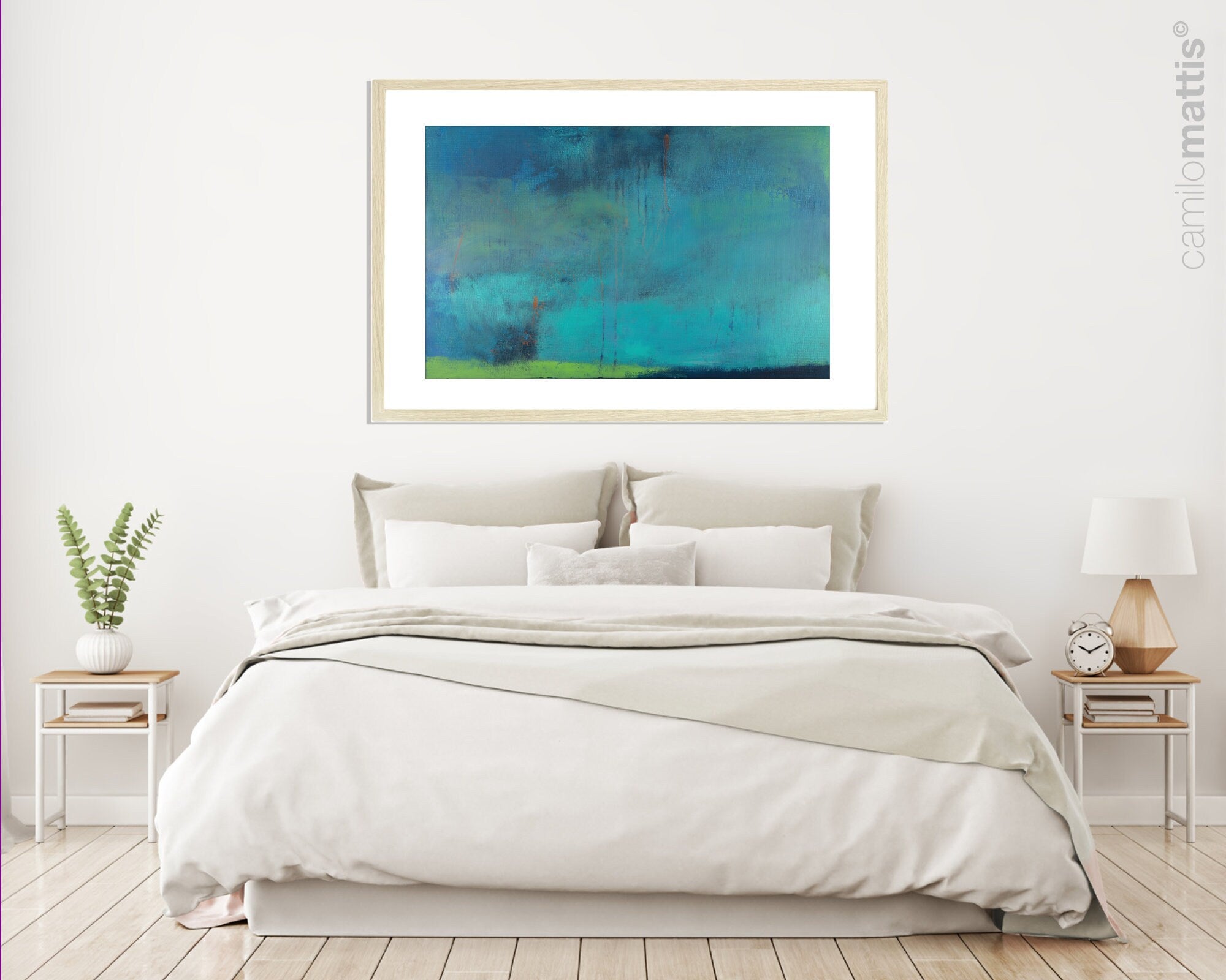 Teal wall art Abstract landscape painting - Art print room decor seascape