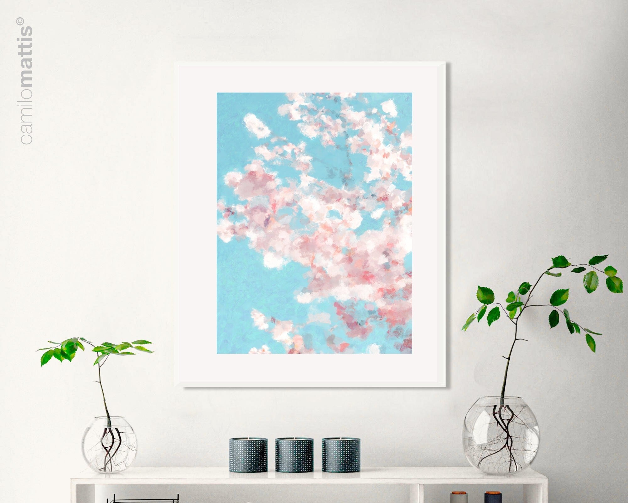 cherry blossom tree large abstract large wall art print, Light blue Art work for living room