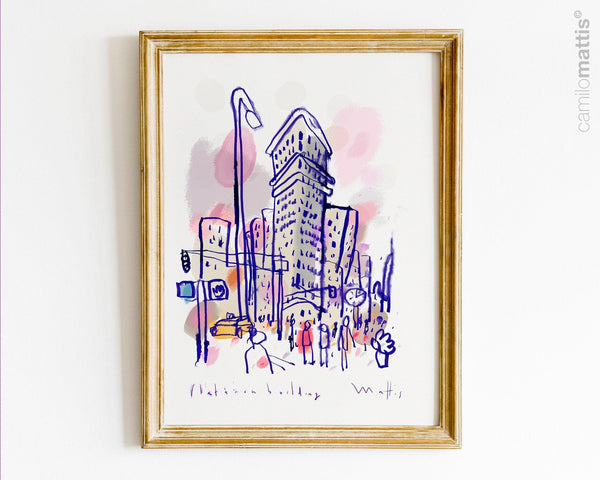 NCY city sketch fine art print, flatiron building of hand drawing watercolor ink, A3, wall art print livingroom decor