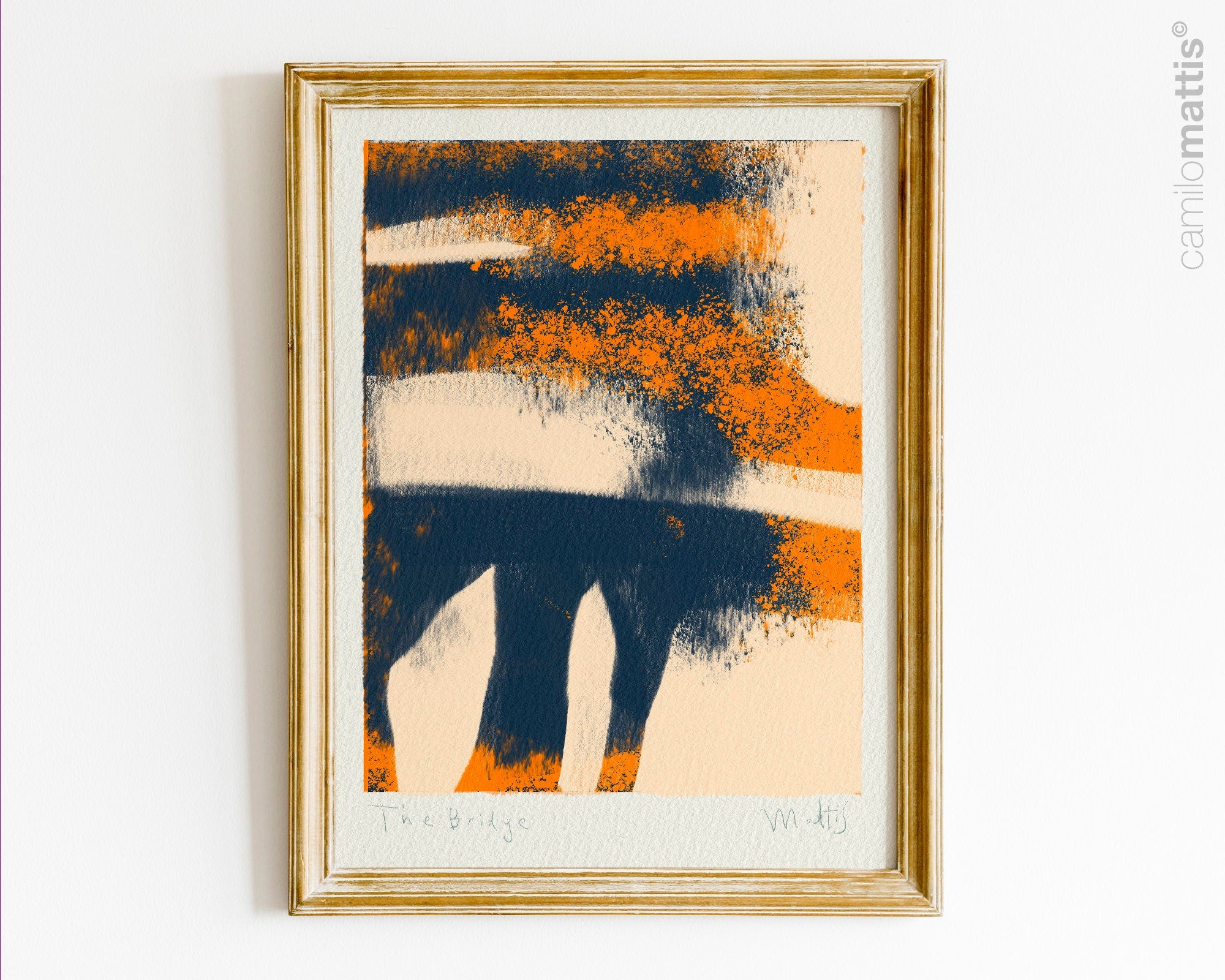 Póster de decoración minimalista boho en tonos naranja y azul, inspirado en la ciudad de Nueva York.