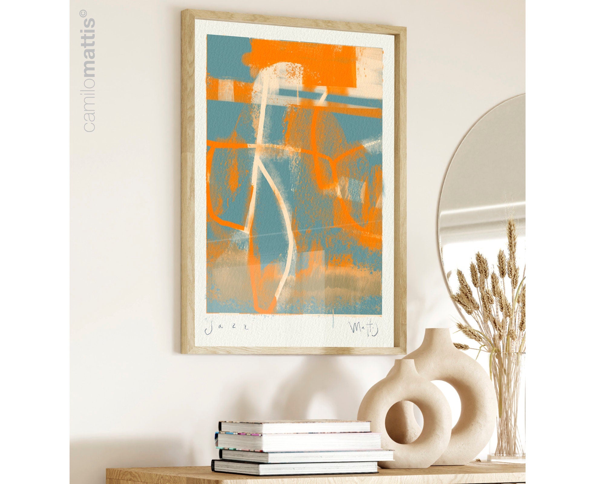 Jazz in NY Orange and blue large poster print, minimalist modern art appartement decor by Camilo Mattis