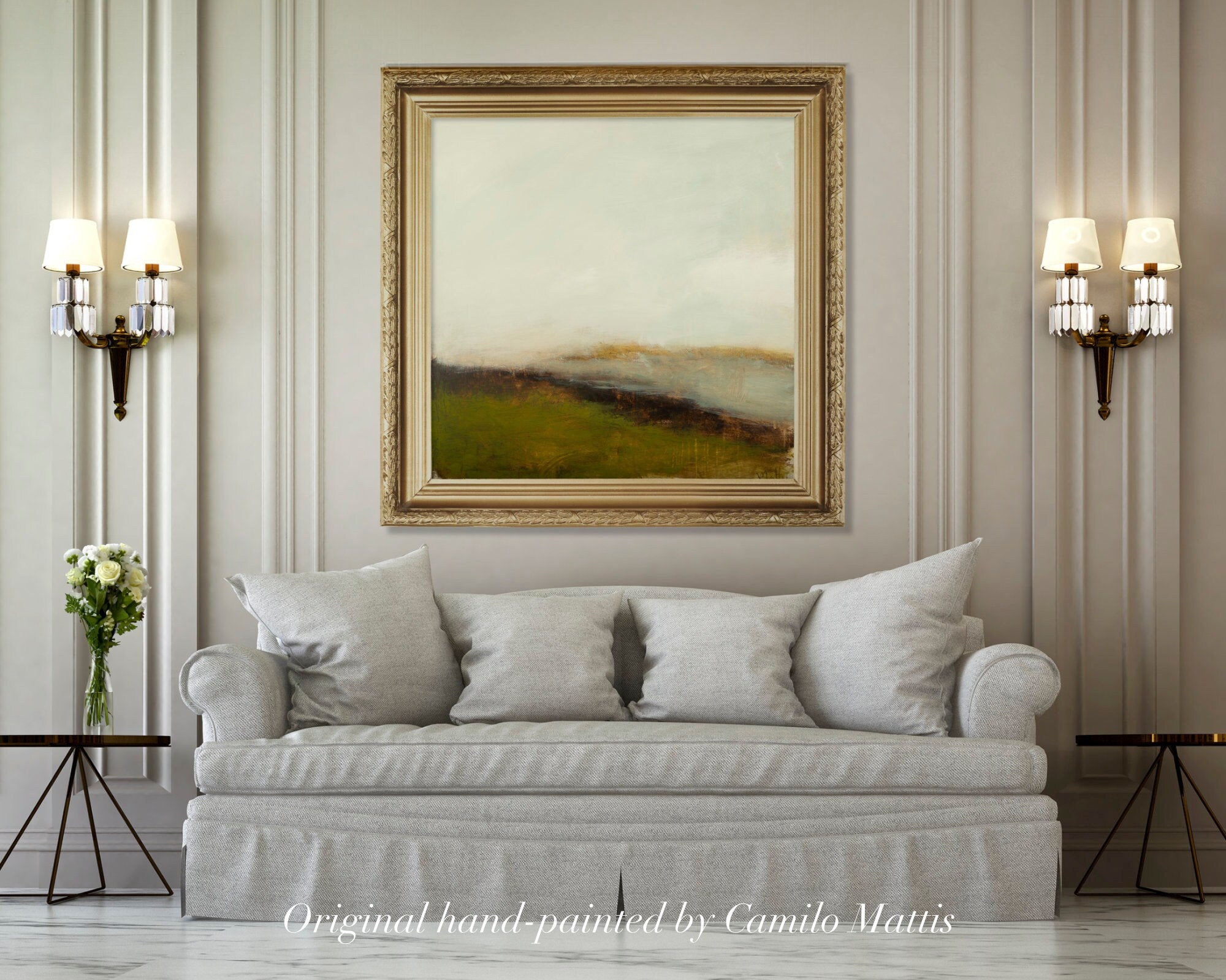 Original painting cloudy landscape sage green with muted colors, 36x36 on canvas by Camilo Mattis