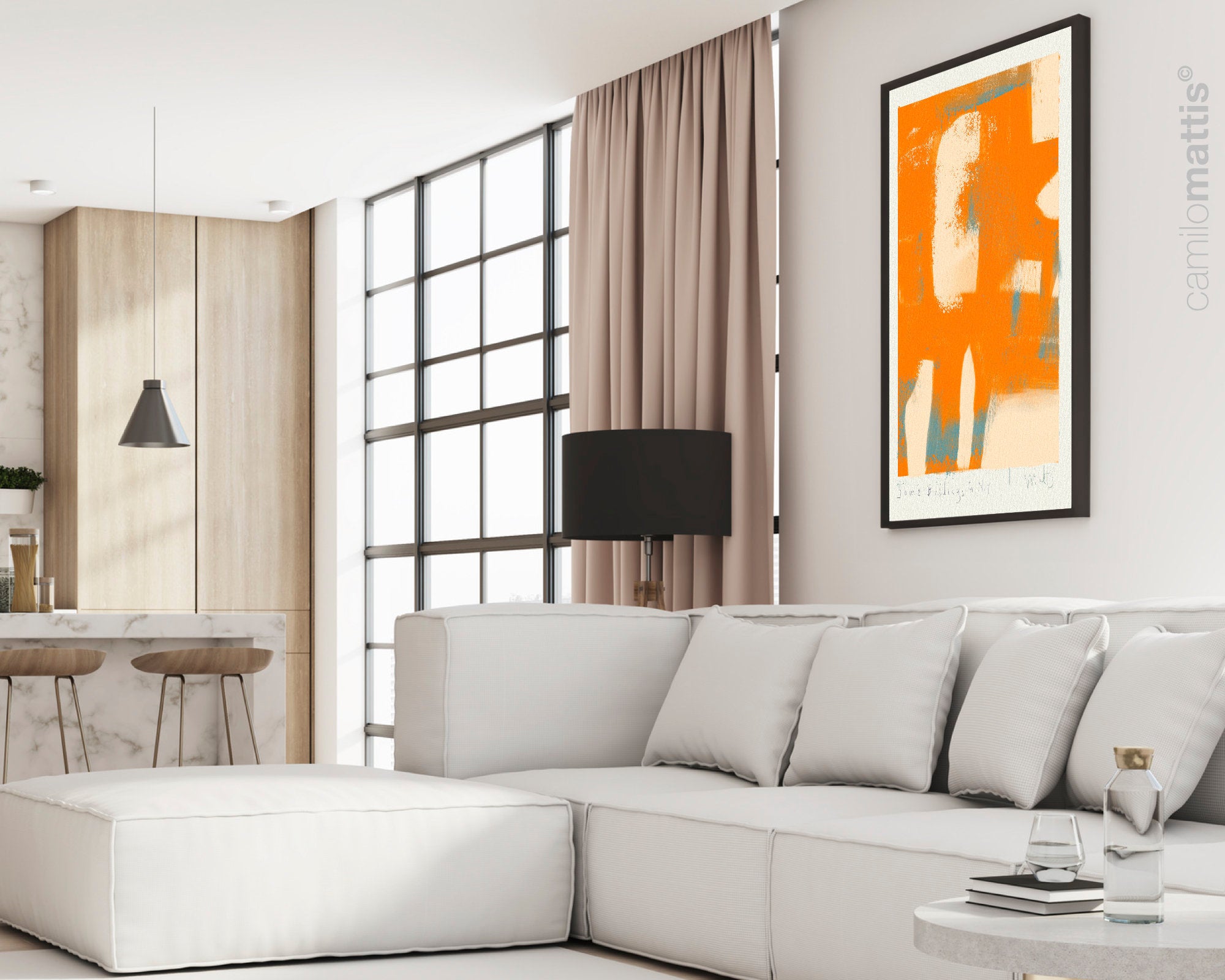 Bright orange abstract poster print art, Modern contemporary home apartment decor by Camilo Mattis