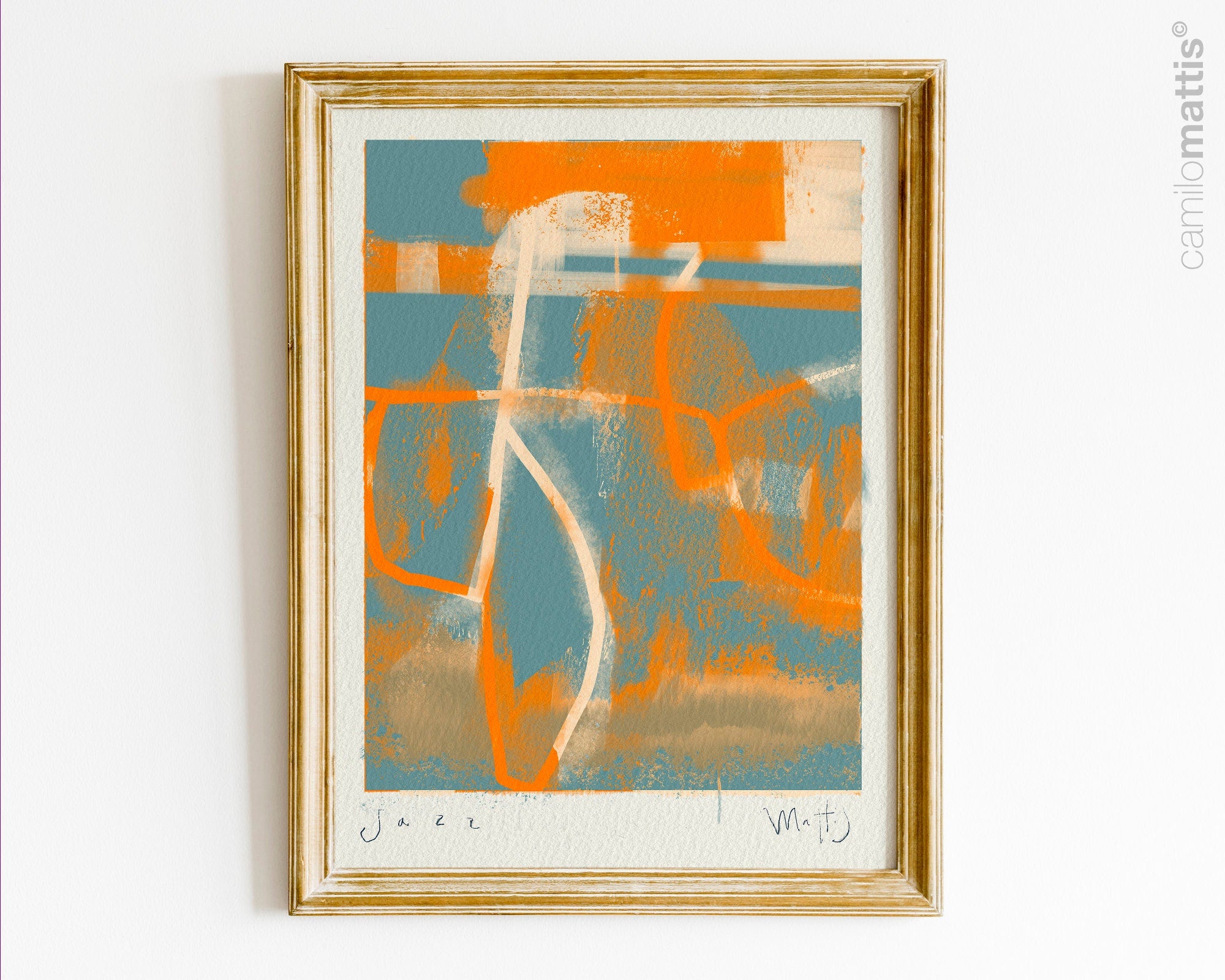 Jazz in NY Orange and blue large poster print, minimalist modern art appartement decor by Camilo Mattis